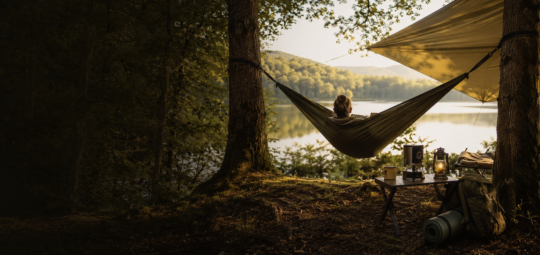 Outdoor-Hängematte mit Tarp, Gaskocher und Feldbett an einem See im Wald